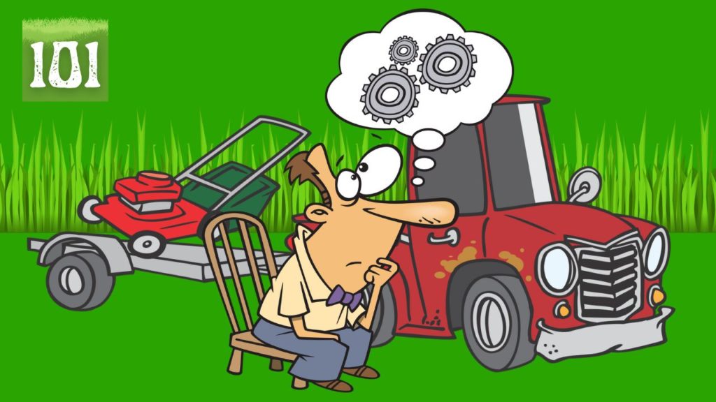 Man thinking about a name for his lawn mowing business