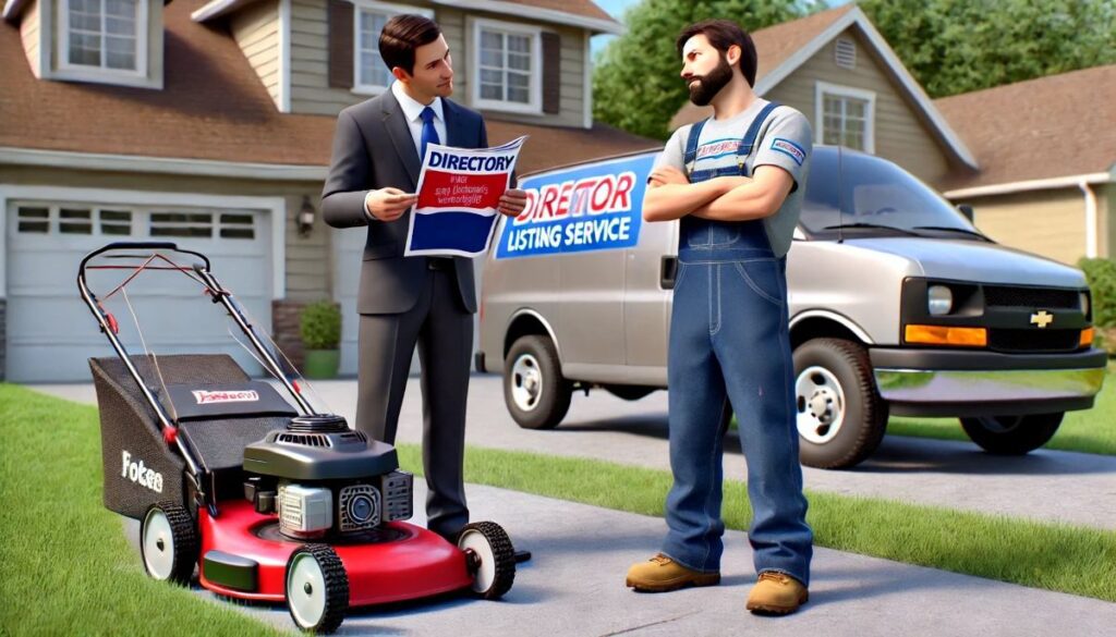 a directory salesman wearing business attire trying to pitch a listing service to a skeptical lawn mowing contractor