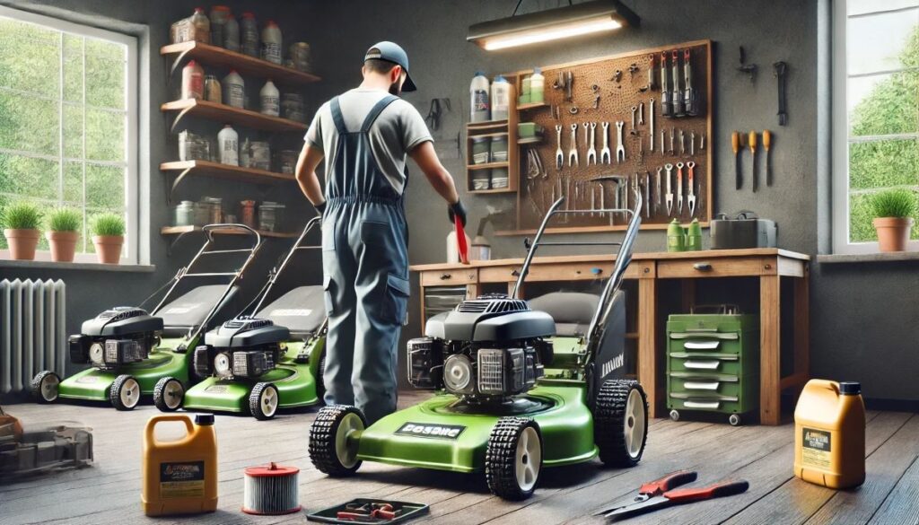 a lawn care professional in a workshop performing maintenance on a lawn mower. (2)